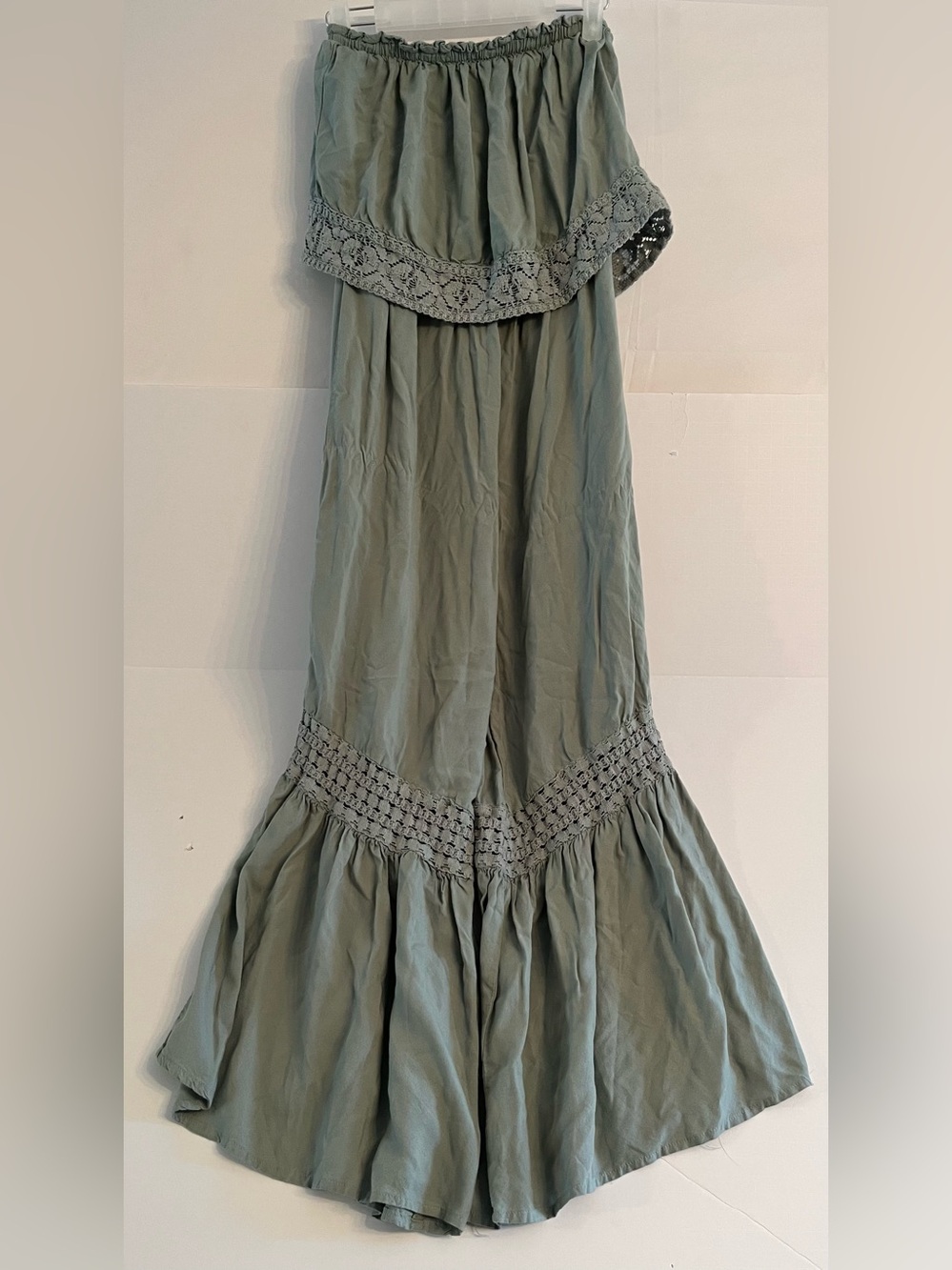 Japna Sage Green Boho Crochet Trim Strapless Flare Jumpsuit S